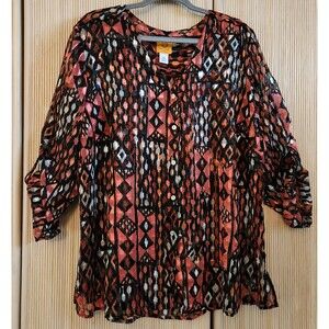 Ruby Rd Woman Blouse Size 20W Black Peach Sheer Button-Up Tab Sleeve Sparkle EUC
